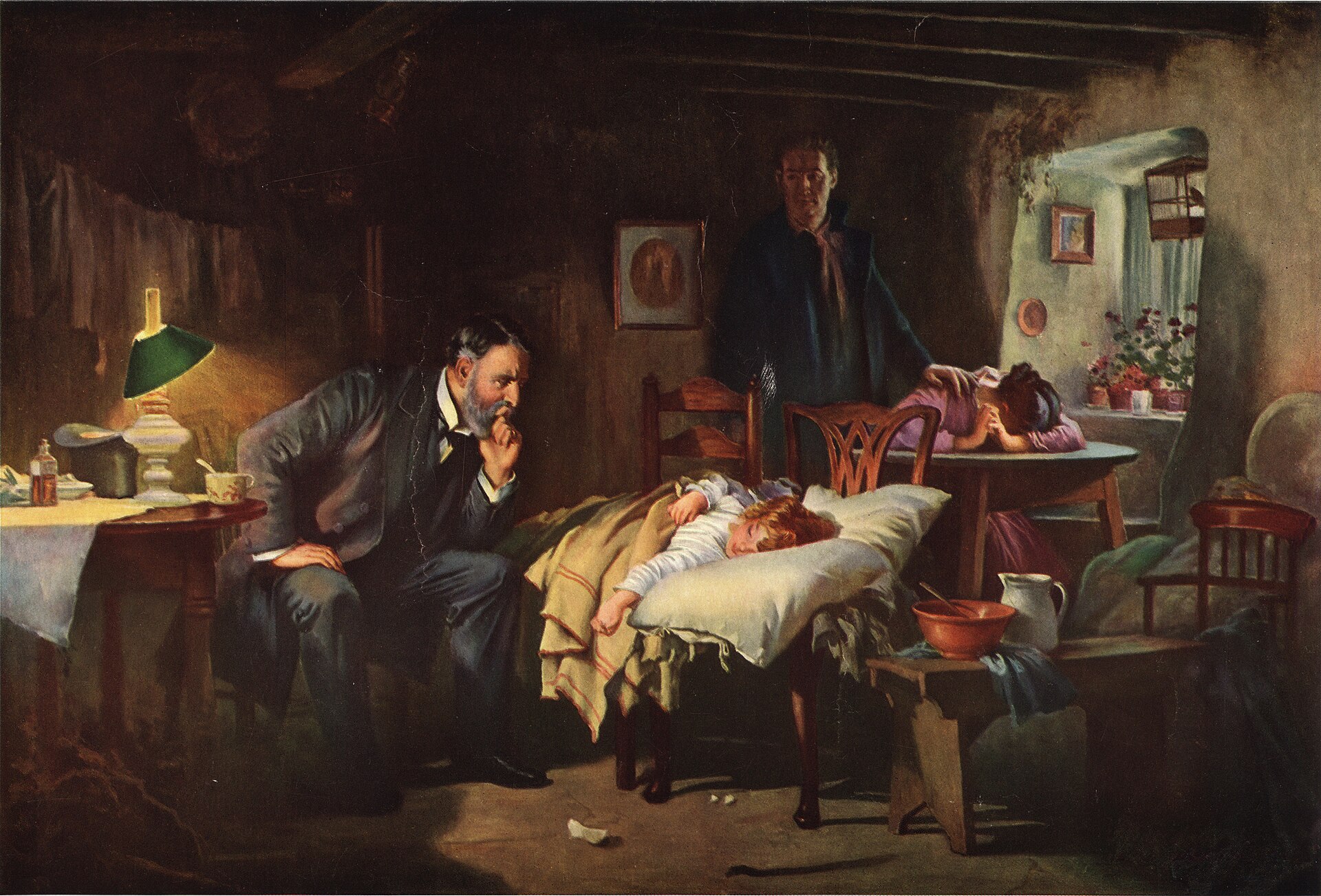 A bearded physician sits at the bedside of a sick child in a dim cottage interior, watching her without instruments.